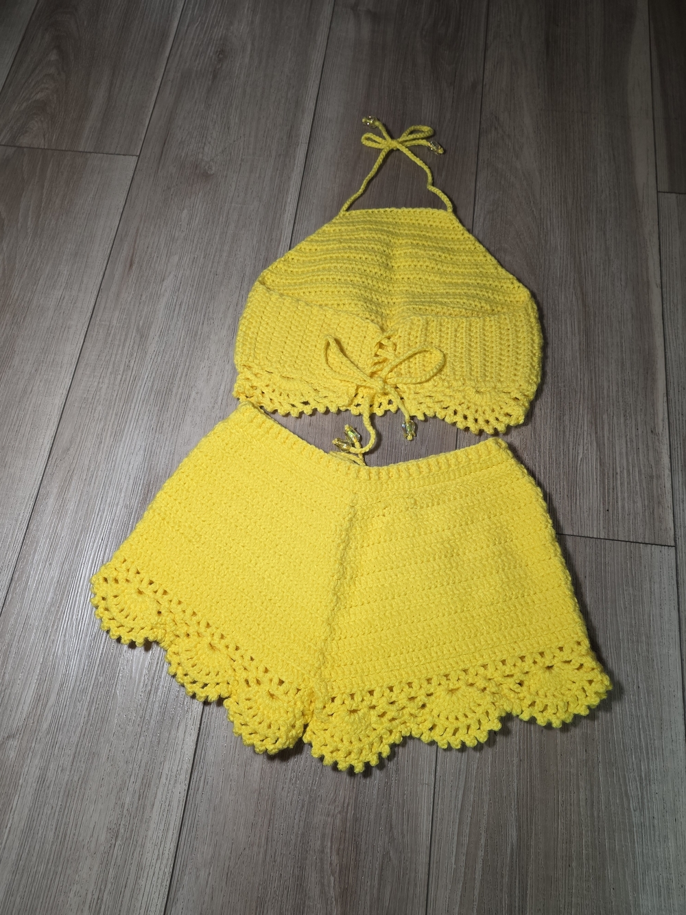 Yellow Crochet Girl Matching Set - Halter Top & Shorts